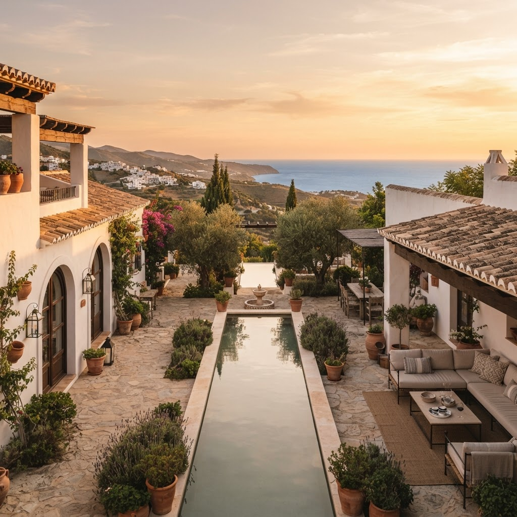 Golden-hour courtyard of a Mediterranean villa in southern Spain